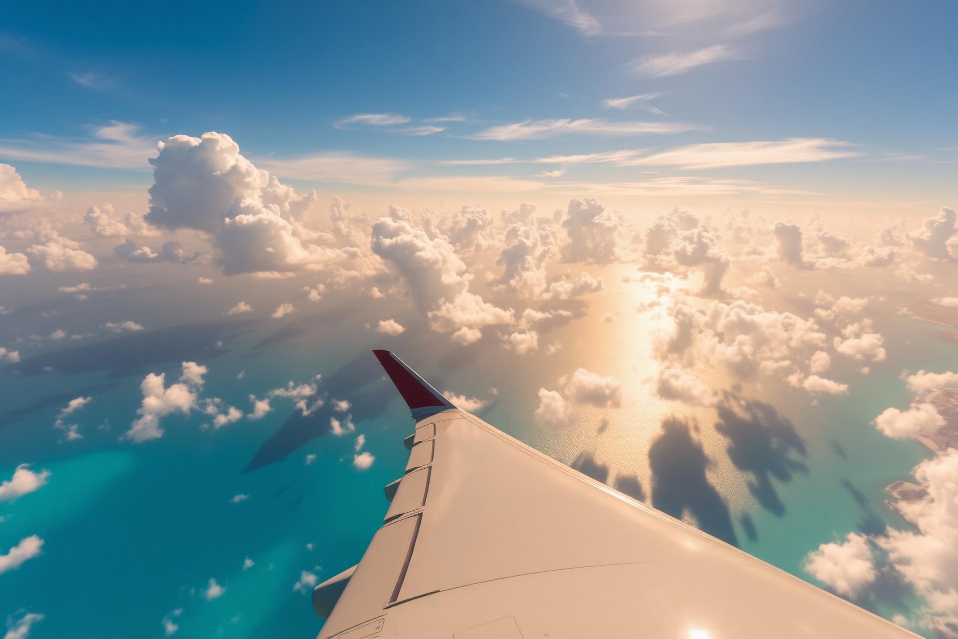 View of an airplane wing above turquoise ocean and clouds